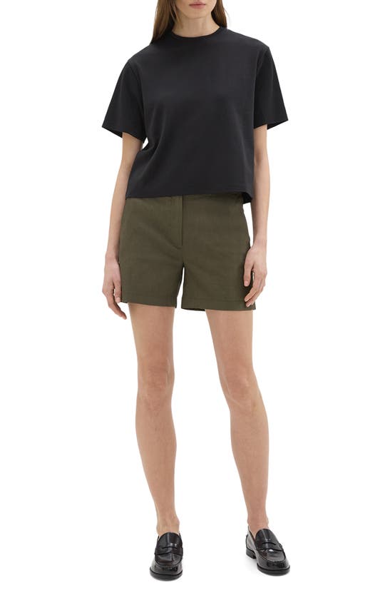 Shop Theory Good Tab Waist Linen Blend Shorts In Dark Olive
