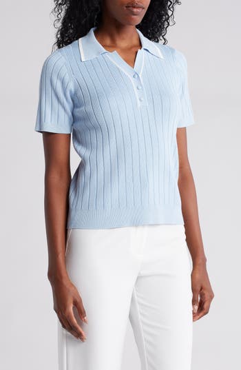 Adrianna Papell Tipped Short Sleeve Polo Sweater In Blue
