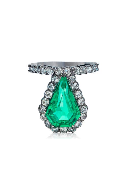 Colombian Emerald & Diamond Shield Ring in Em/Silver/Gold