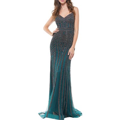 Colors Dress Beaded Mesh Gown, Green