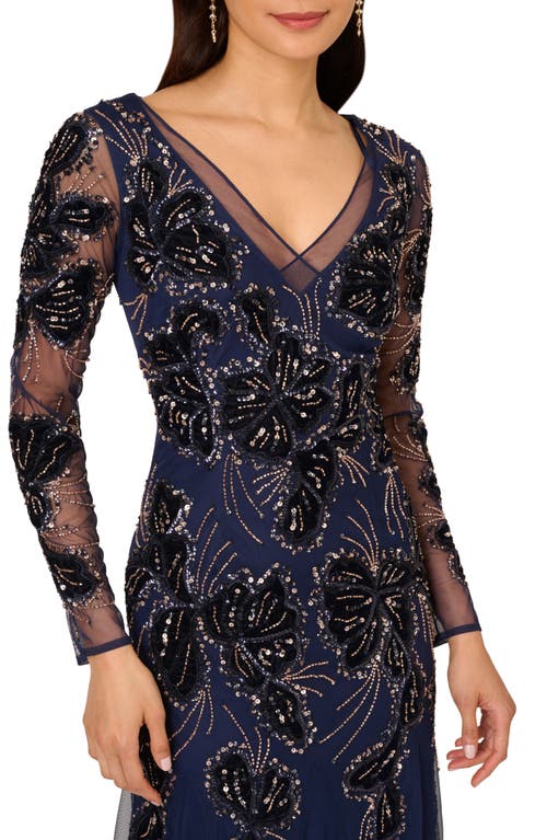 Shop Adrianna Papell Beaded Mesh Long Sleeve Velvet Godet Gown In Light Navy