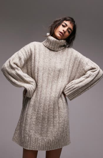 Topshop Long Sleeve Funnel Neck Rib Sweater Dress