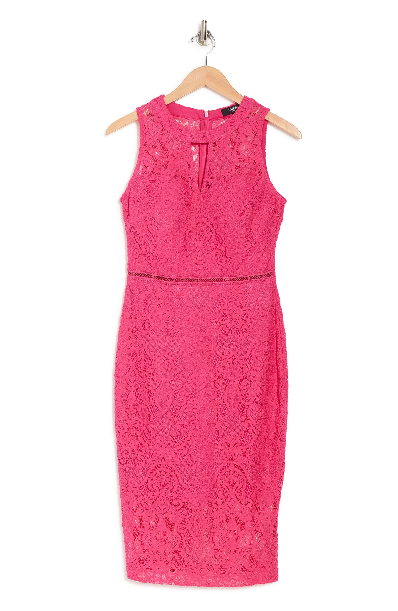 Guess Keyhole Sleeveless Lace Midi Dress In Hot Pink