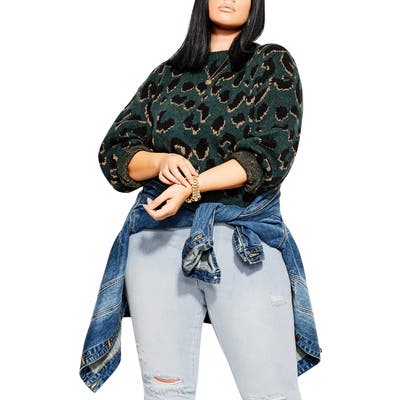 Plus Size City Chic Wild Animal Print Sweater, Green