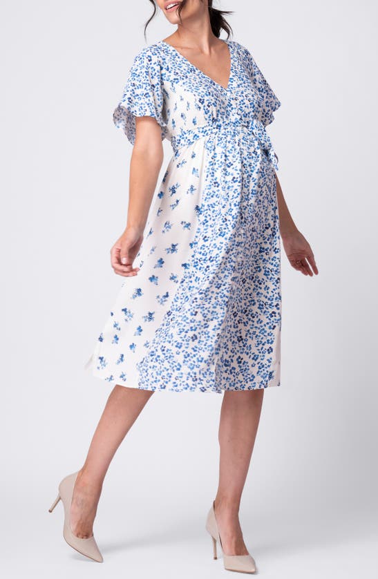 Shop Seraphine Floral Flutter Sleeve Maternity/nursing Dress In Blue Floral