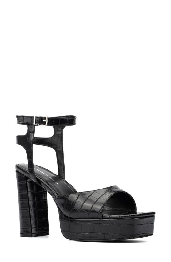 Fashion To Figure Hilari Croc Embossed Platform Heeled Sandal In Black