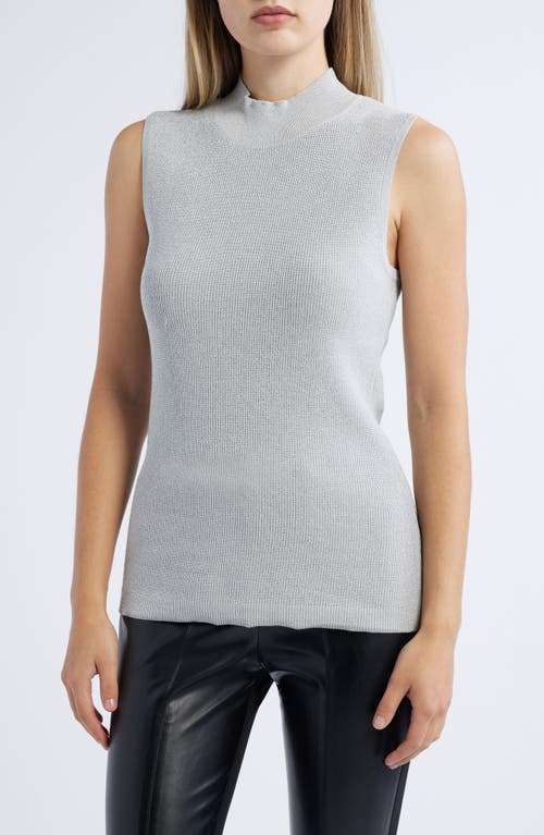 Tahari ASL Metallic Sleeveless Mock Neck Sweater in Silver 