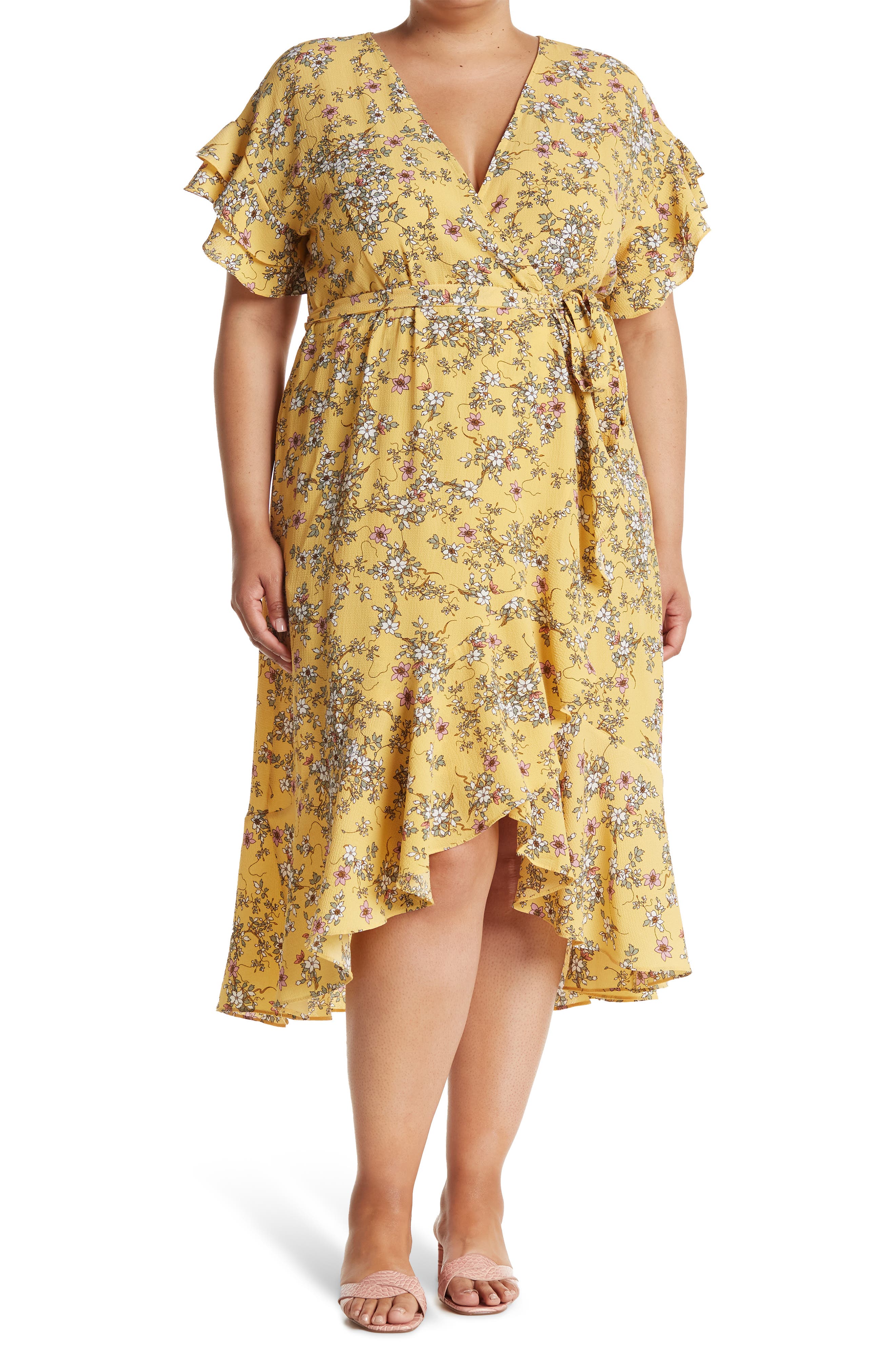 Max Studio Short Sleeve Wrapped Midi Dress In Gold1