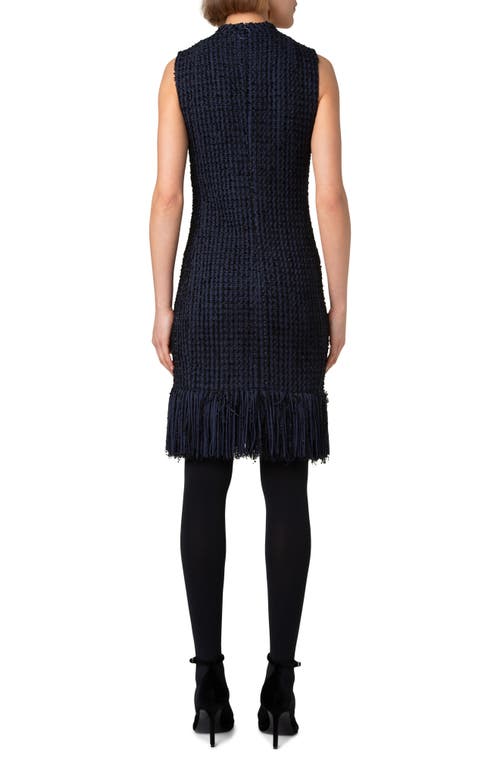 Akris Punto Chunky Tweed Sheath Dress With Fringed Hem In Navy
