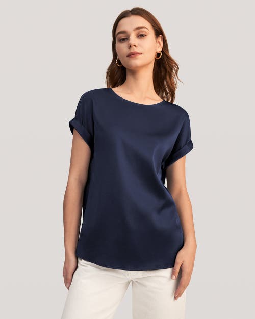 Lilysilk Short Sleeves Round Neck Silk Tee In Navy Blue