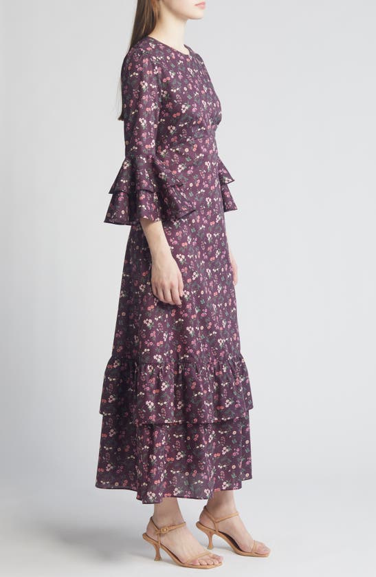Shop Liberty London Gala Floral Tiered Cotton Maxi Dress In Aubergine