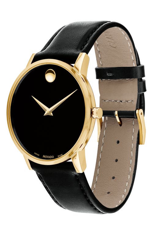 Shop Movado Leather Strap Watch, 40mm In Black/gold