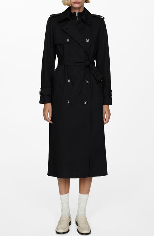 Mango Double Breasted Cotton Trench Coat In Black