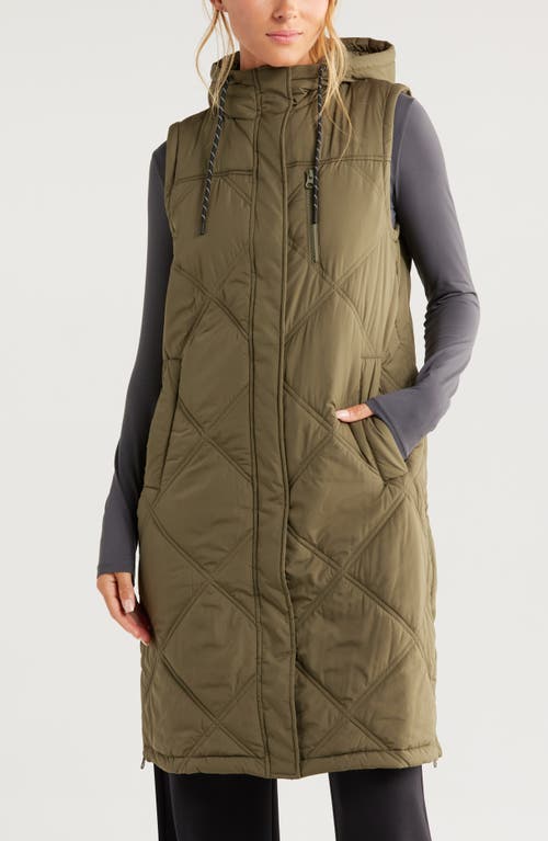 Shop Zella Long Hooded Puffer Vest In Olive Night