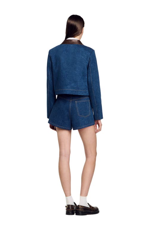 Shop Sandro Denim Jacket With Leather Collar In Blue