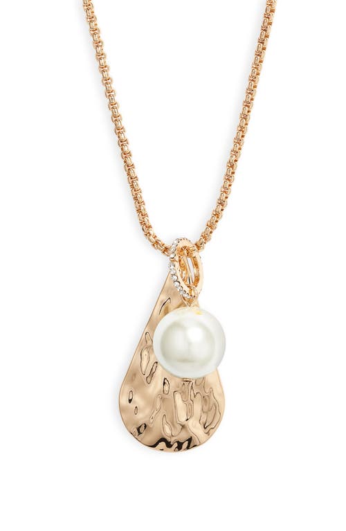Open Edit Molten Teardrop & Imitation Pearl Pendant Necklace In White/gold