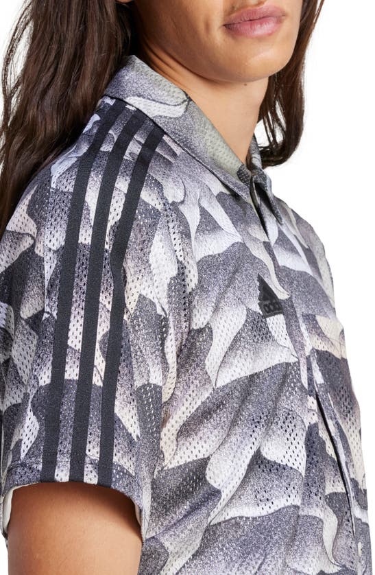 Shop Adidas Sportswear Tiro Print Mesh Short Sleeve Button-up Shirt In Black/ Putty Grey