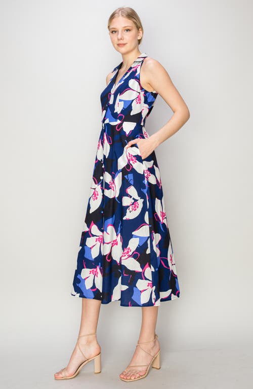 Shop Melloday Floral Sleeveless Midi Shirtdress In Navy Print