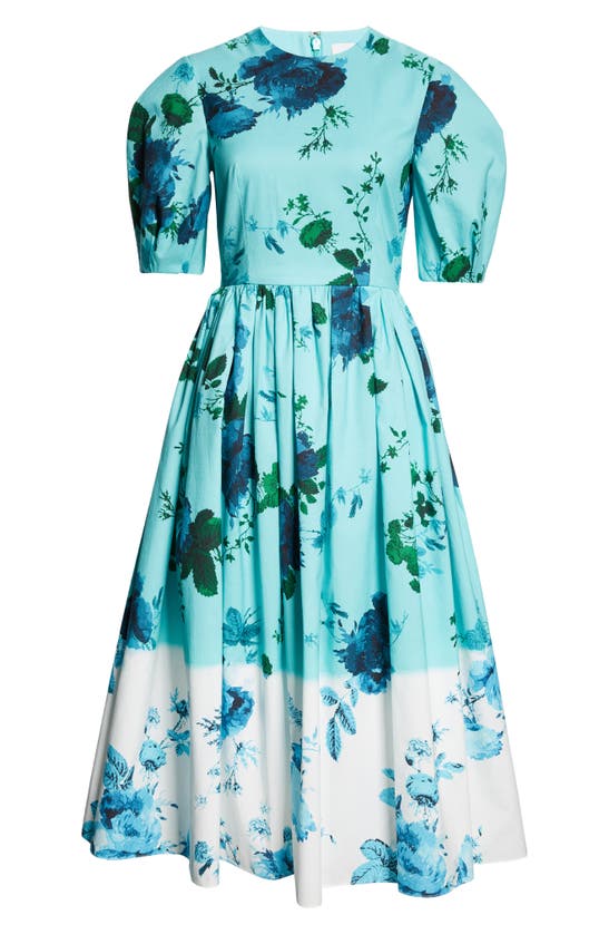 Shop Erdem Dégradé Floral Puff Sleeve Cotton Dress In Kingfisher And White