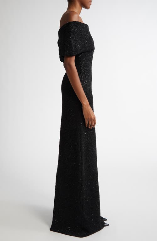 Lela Rose Sequin Off The Shoulder Knit Gown In Black