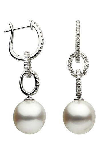 Shop House Of Frosted Freshwater Pearl & Diamond Hoop Earrings In Silver/white Pearl/octavia