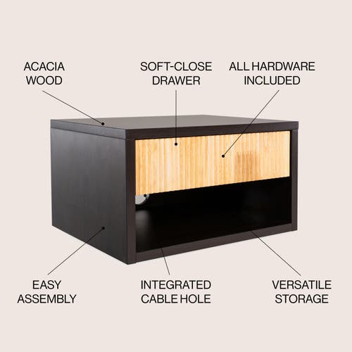 Jonathan Y Elise Classic Contemporary Floating Wall Mounted Nightstand With Soft-close Tambour Drawe In Black/light Oak
