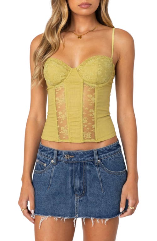 EDIKTED Avena Lace Panel Linen & Cotton Corset Top Green at Nordstrom,