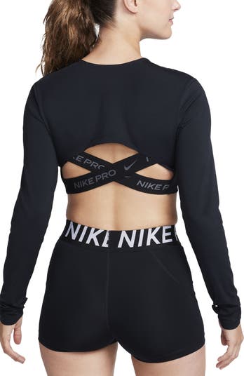 Nike Repeat Tape detail long sleeve crop top in black