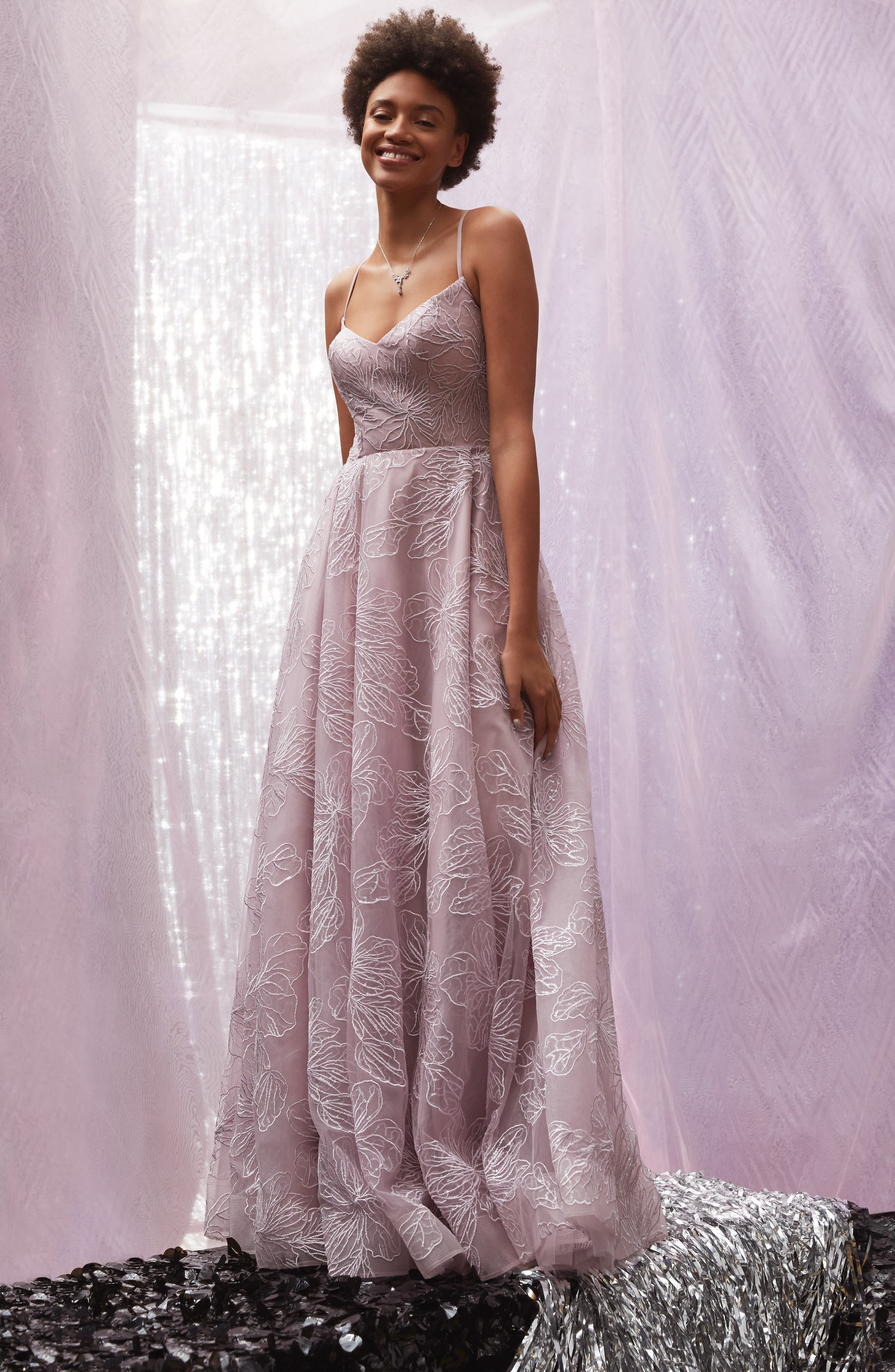 La Femme Sequin Floral A-Line Gown 