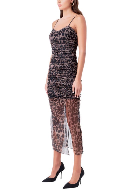 Shop Endless Rose Ruched Mesh Midi Dress In Leopard