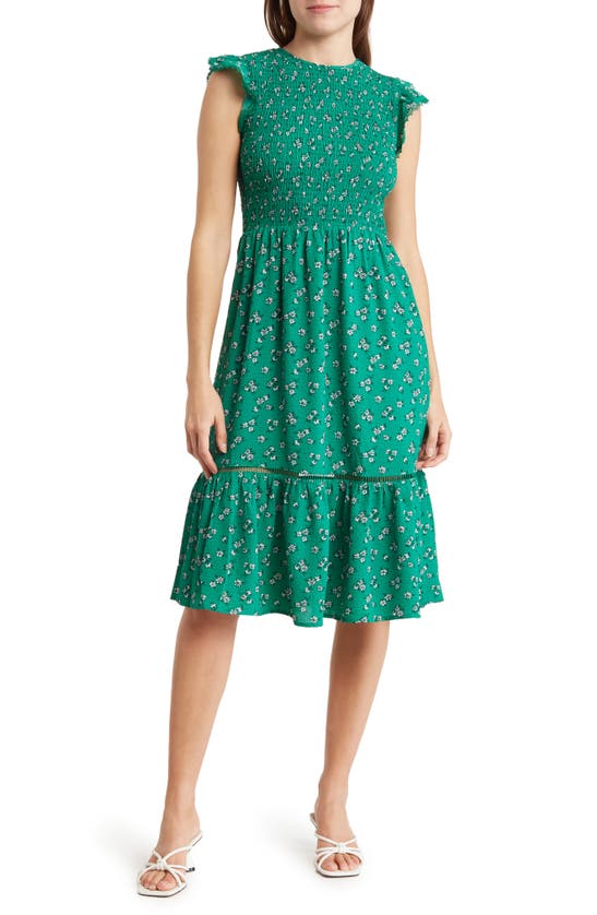 Melrose And Market Smocked Flutter Sleeve Midi Dress In Green Dot Daisy