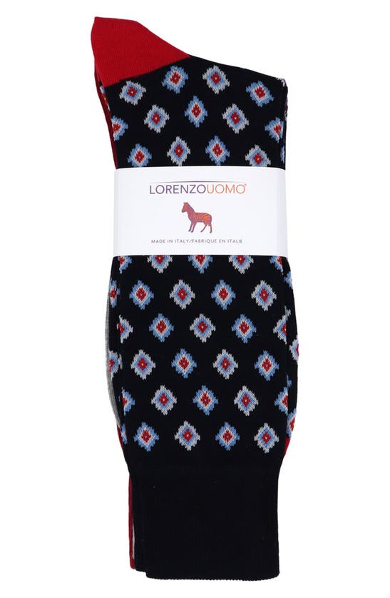 Shop Lorenzo Uomo 3-pack Assorted Diamond Cotton Blend Dress Socks In Navy