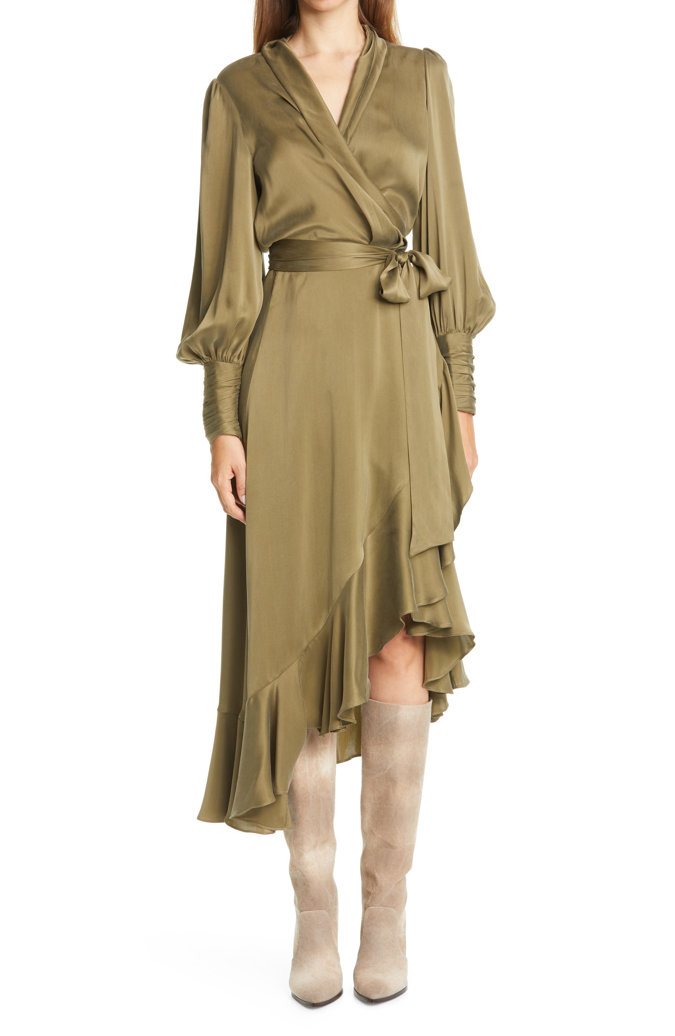 long sleeve silk wrap dress