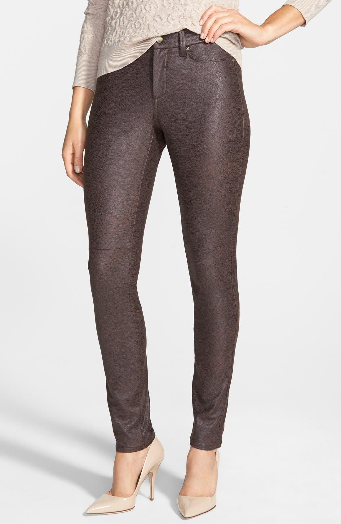 NYDJ 'Alina' Stretch Faux Leather Skinny Jeans (Kodiak) (Petite