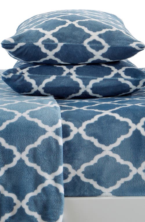 Shop Woven & Weft Printed Plush Velour Sheet Set In Lattice - Smoke Blue/white