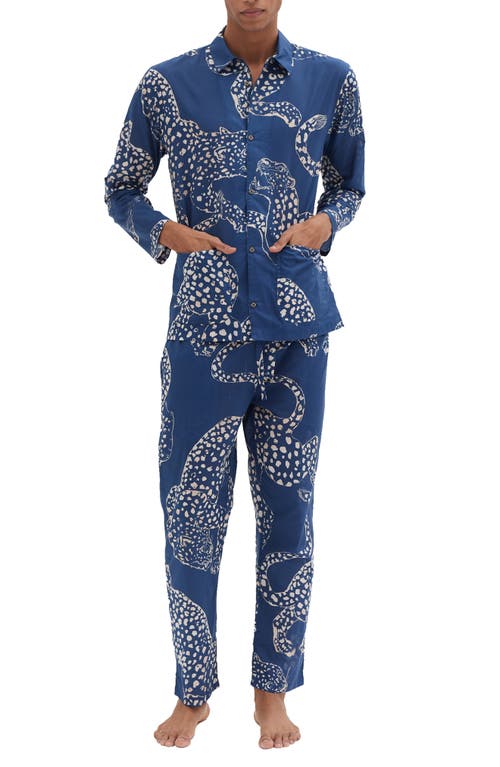 Shop Desmond & Dempsey Leopard Print Long Sleeve Cotton Pajamas In Blue