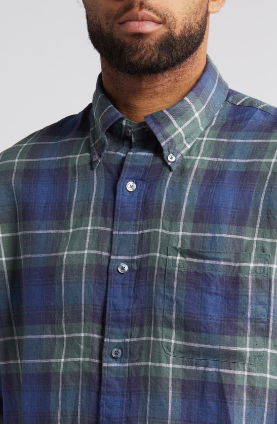 Shop Brooks Brothers Plaid Linen Button-up Shirt In Green Navy Tartan