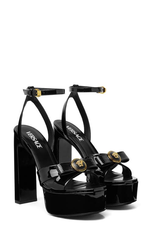 Shop Versace Gianni Ribbon Platform Sandal In Black- Gold