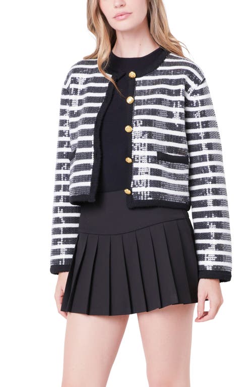 Shop English Factory Sequin Stripe Cardigan In Black/ivory