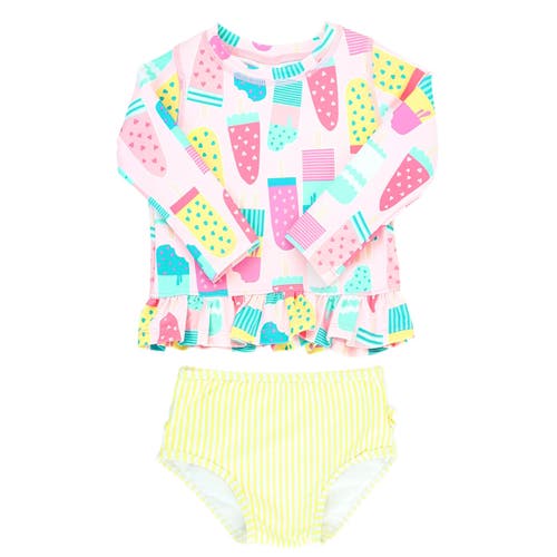 Rufflebutts Toddler Girls Long Sleeve Ruffle Hem Upf50+ Rash Guard Bikini In Ice Cream Social