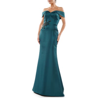 Marsoni Bead Detail Off The Shoulder Satin Trumpet Gown, Green