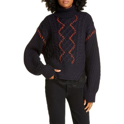 Self-Portrait Lace Trim Cable Knit Cotton & Wool Sweater, Blue