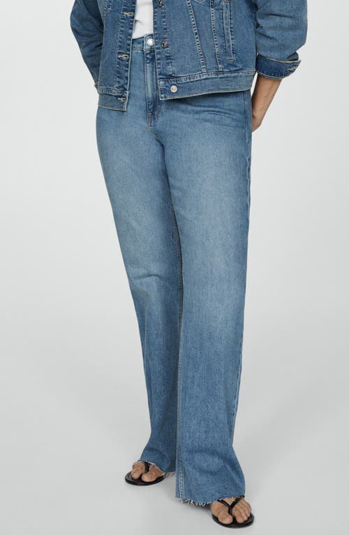 Shop Mango Frayed Mid Rise Flare Jeans In Medium Blue