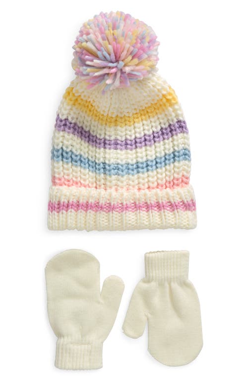 Capelli New York KIds' Pom Beanie & Mittens Set in White Multi Combo 