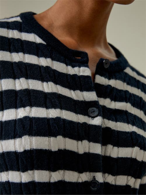 Shop Lilysilk Striped Cable-knit Cashmere Cardigan In Blue And White Stripes