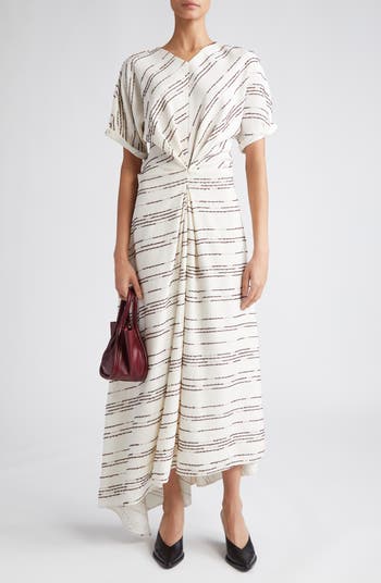 Textured Stripe Asymmetric Midi Dress