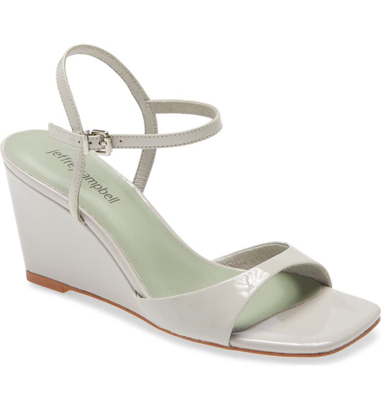 JEFFREY CAMPBELL Entree Ankle Strap Wedge Sandal, Main, color, GREY PATENT
