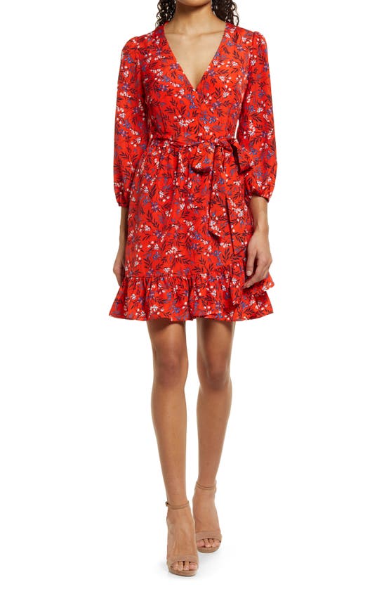 Eliza J Floral Long Sleeve Ruffle Minidress In Red