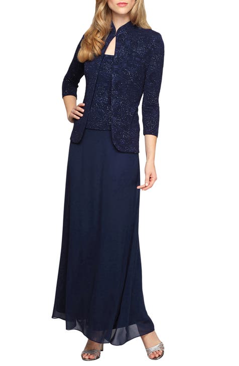 Two-Piece Jacquard Gown with Jacket (Petite)