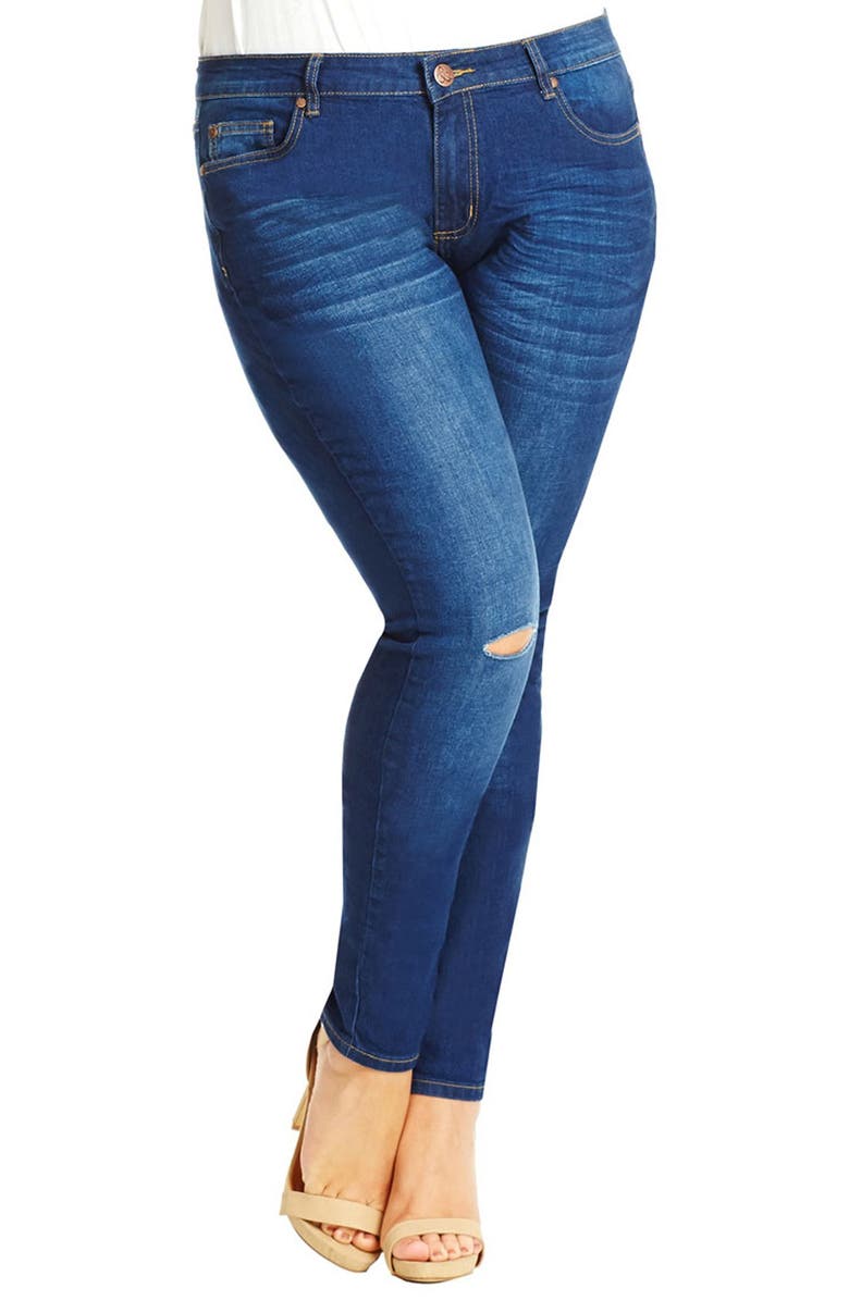 City Chic 'Ripped Knee' Distressed Stretch Skinny Jeans (Mid Denim ...